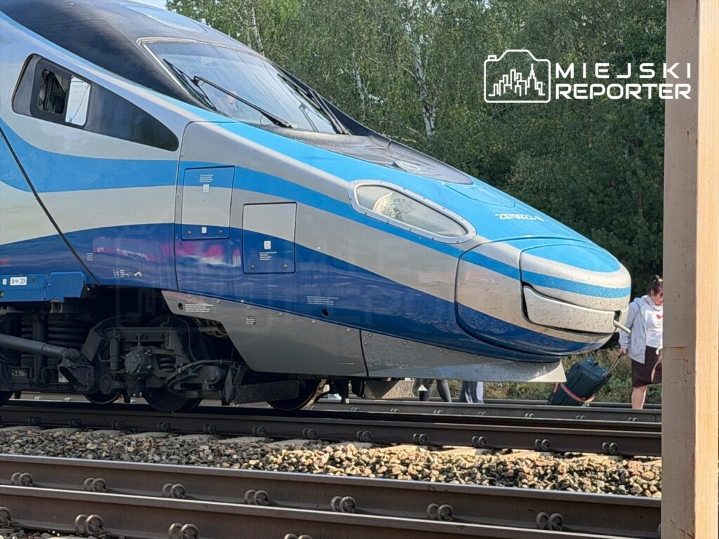 Pendolino zatrzymane na torach, obok pasażerowie z bagażami w tle, w otoczeniu zieleni.