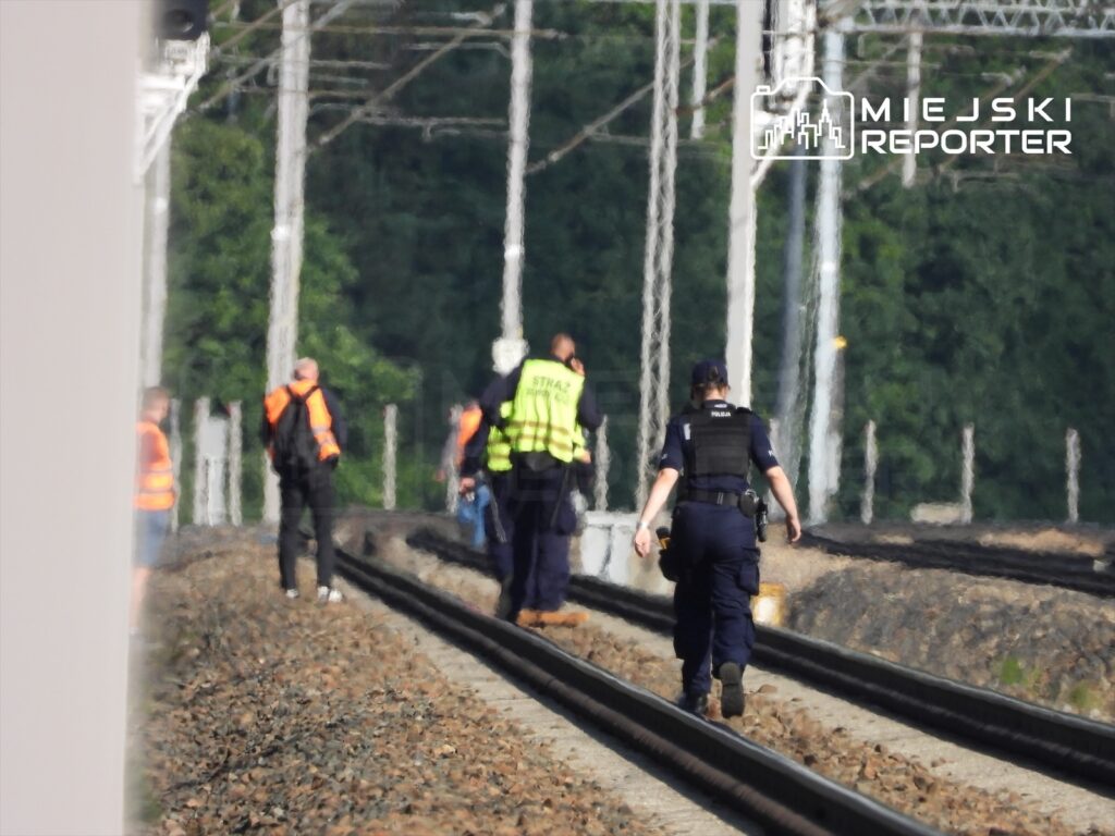 Grupa ratowników i policjantów przeszukuje tory kolejowe w poszukiwaniu mężczyzny po wypadku.