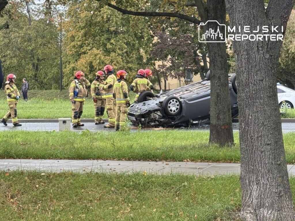 Grupa strażaków w kaskach bada przewrócony samochód na drodze, obok widać zieleń i przechodniów.