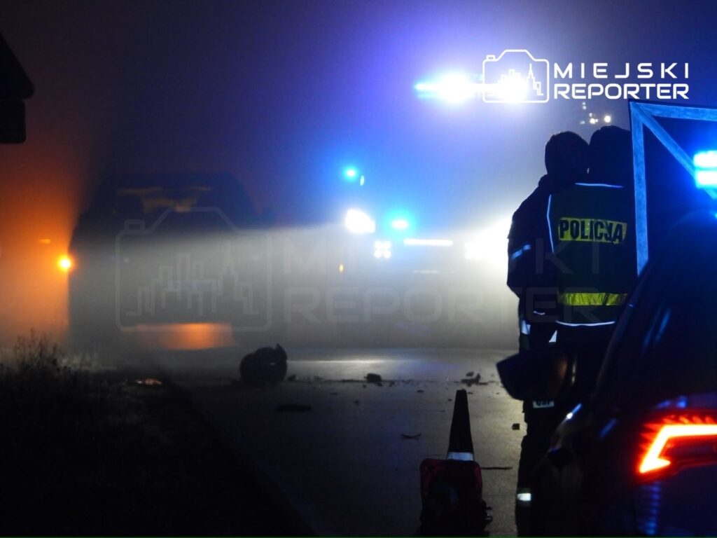Policjanci na miejscu wypadku, w tle widać pojazdy służb ratunkowych oświetlające mroczną, mglistą noc.