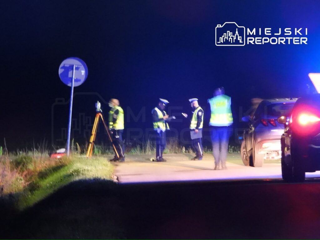 Grupa policjantów prowadzi czynności dochodzeniowe przy drodze, obok znaku drogowym, w nocy po wypadku.