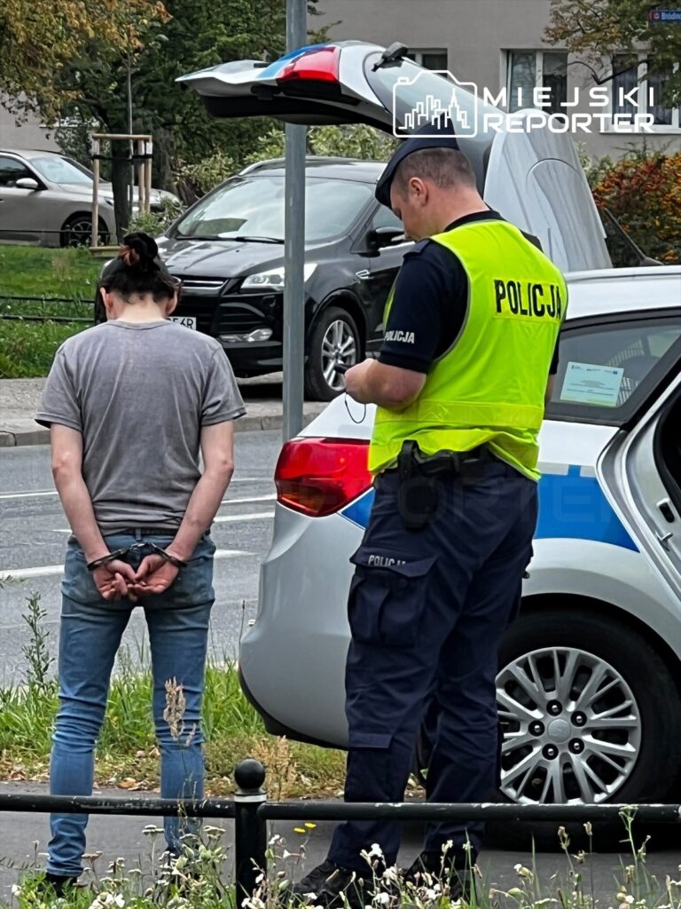 Kobieta w szarym t-shircie z rękami związanymi z tyłu stoi obok policyjnego auta, a funkcjonariusz sprawdza dokumenty.