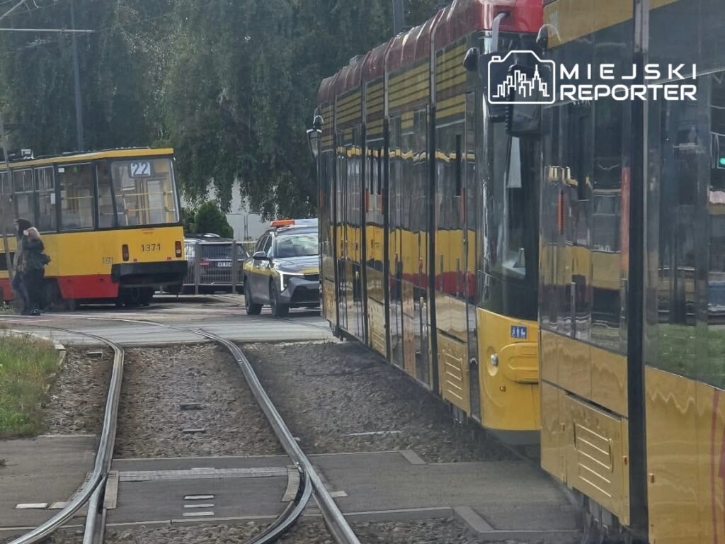 Tramwaje zatrzymane na torach, obok radiowóz i pracownik sprawdzający uszkodzony pantograf w trakcie awarii tramwajów.