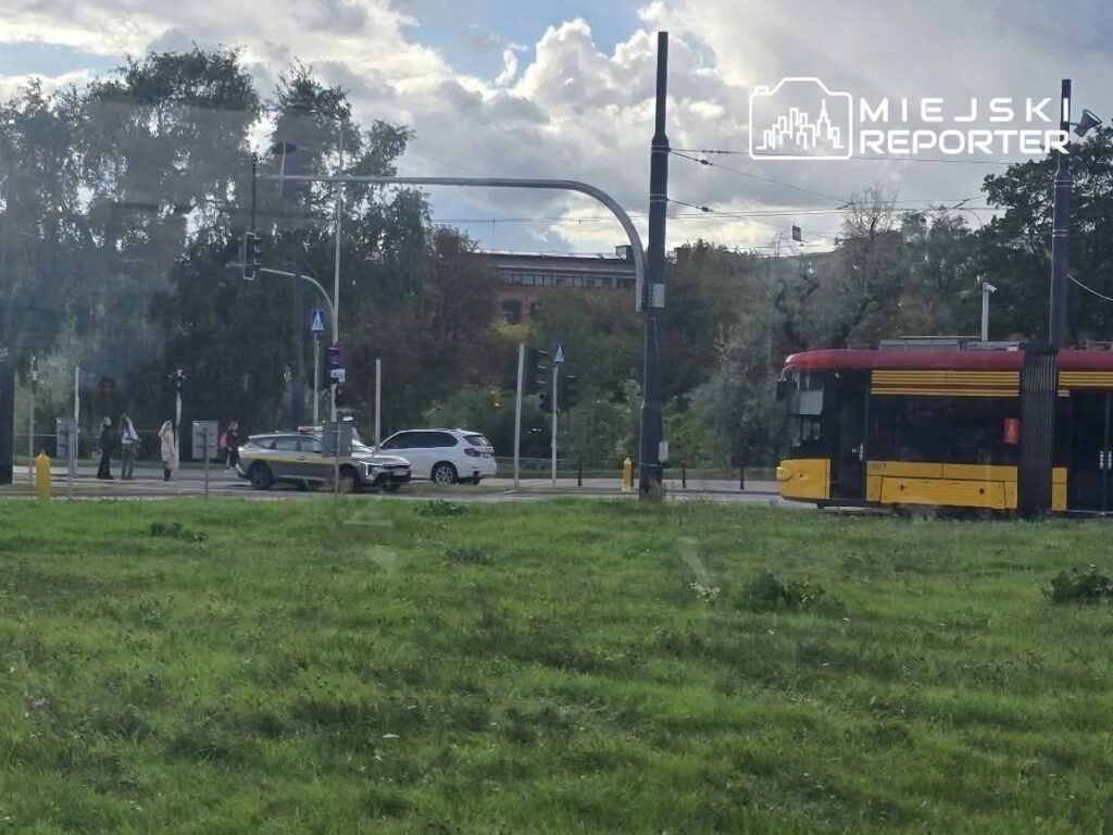 Tramwaj zatrzymany na przystanku, obok grupy osób czekających na przejście, w tle zielona trawa i sygnalizacja świetlna. Awaria tramwajów.
