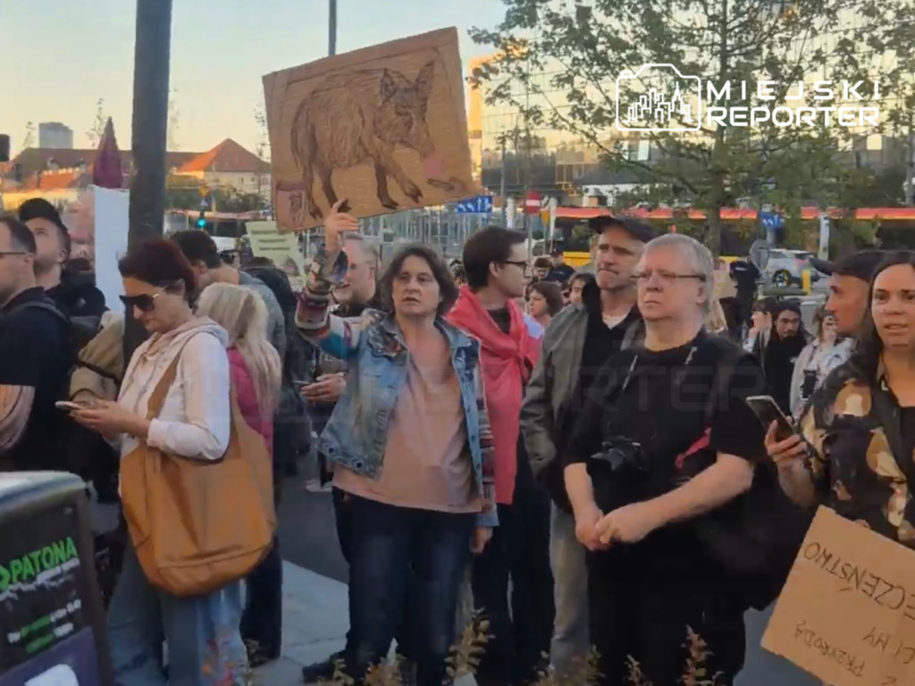 Kobieta w dżinsowej kurtce trzyma nad głową kartonową tablicę z rysunkiem dzika wśród zgromadzonego tłumu.