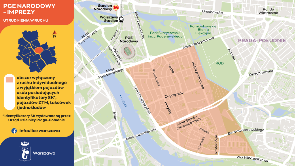 Mapa przedstawiająca obszar z utrudnieniami w ruchu wokół PGE Narodowego, z oznaczeniem wyłączeń i komunikacji.
