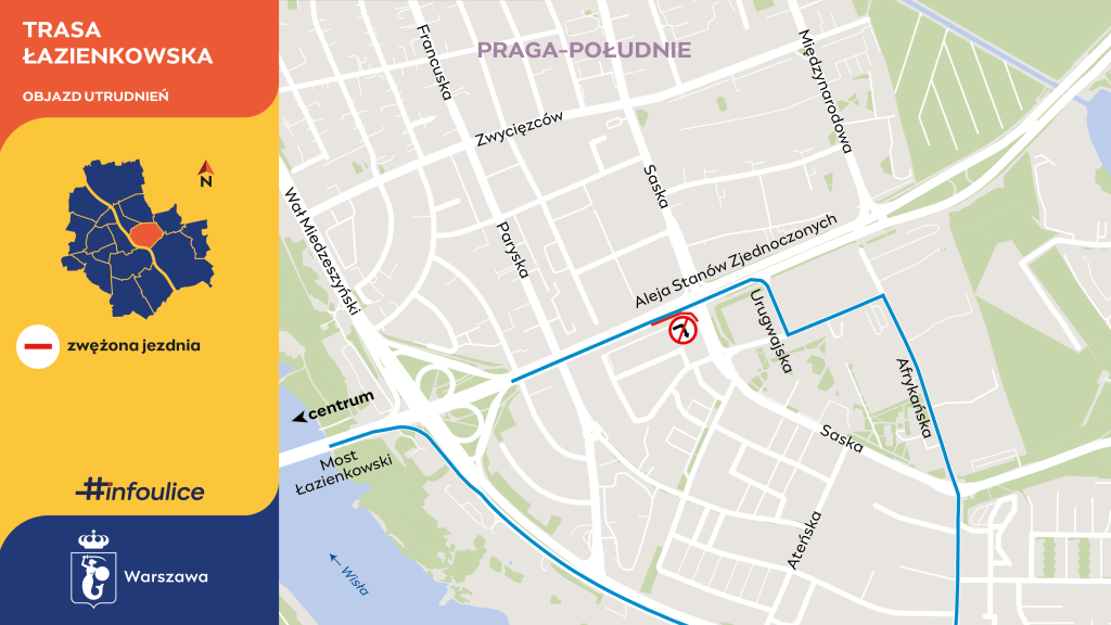 Mapa z oznaczeniem objazdu w Warszawie, wskazująca zwężoną jezdnię oraz alternatywne trasy w rejonie Pragi-Południe.