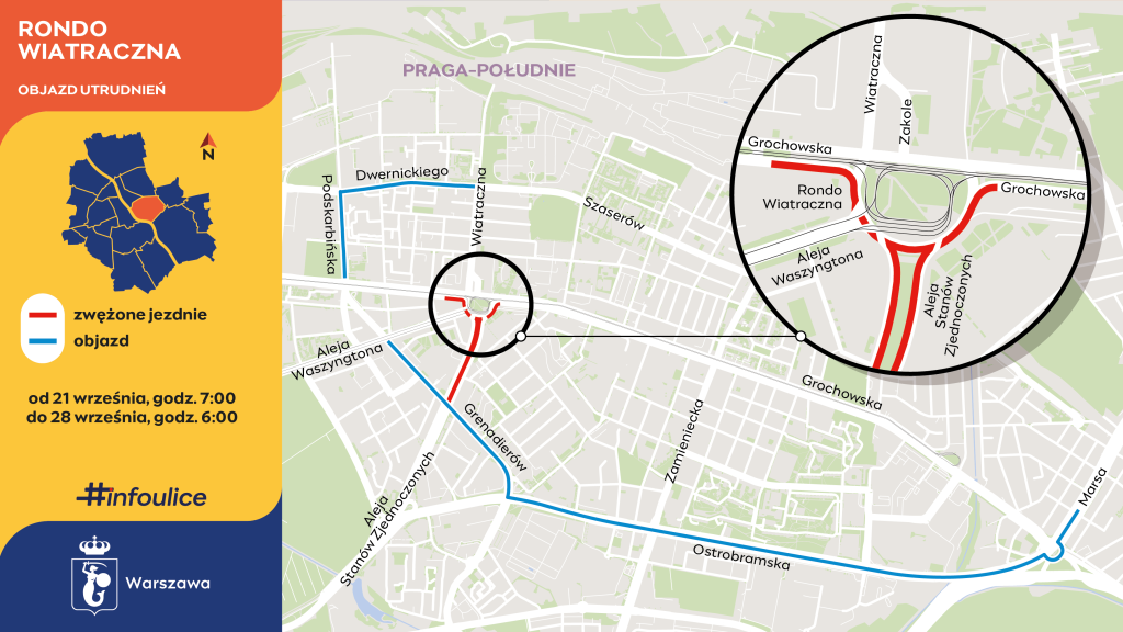 Mapa z oznaczeniem Ronda Wiatraczna, wskazująca na objazdy i zwężone jezdnie w Warszawie od 21 do 28 września.