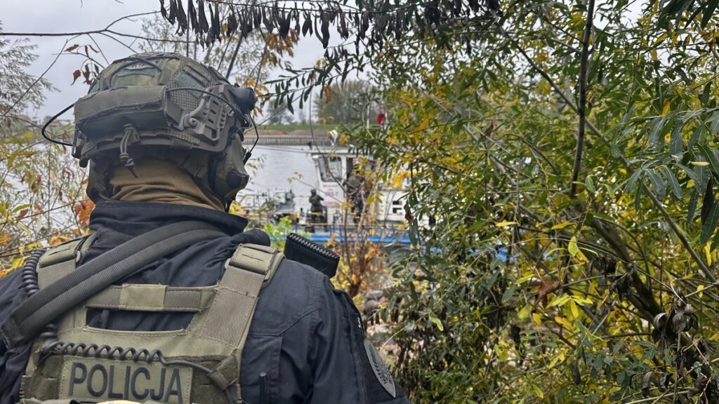 Umundurowany policjant w hełmie obserwuje zabudowania zza gęstych krzewów.