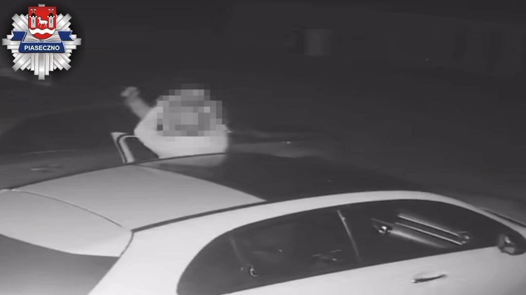 Zamazana osoba stoi przy ciemnym samochodzie nocą, obok zaparkowanego jasnego auta.