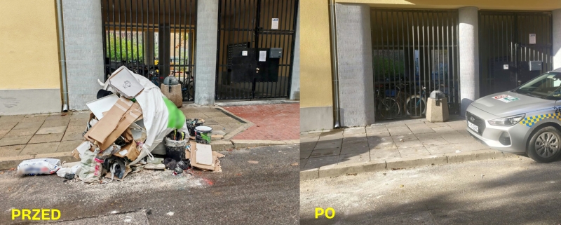 Odpady budowlane i kartony zalegają przed wejściem do budynku, obok samochodu straży miejskiej.