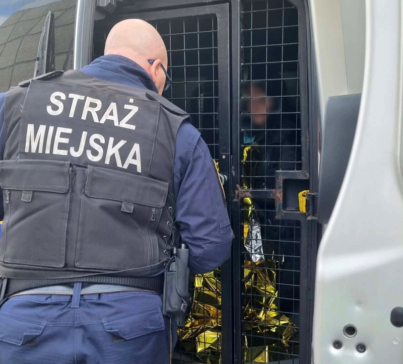 Strażnik miejski zagląda przez kratę do wnętrza pojazdu; na kamizelce widnieje napis „STRAŻ MIEJSKA”.