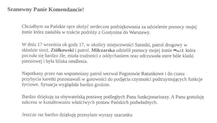List z podziękowaniami dla komendanta za pomoc udzieloną kobiecie, z tekstem o interwencji patrolu drogowego.