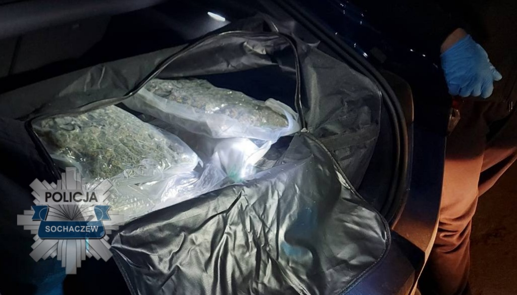 Policjant w rękawiczce ogląda pakunki z suszem roślinnym w bagażniku samochodu podczas nocnej kontroli.
