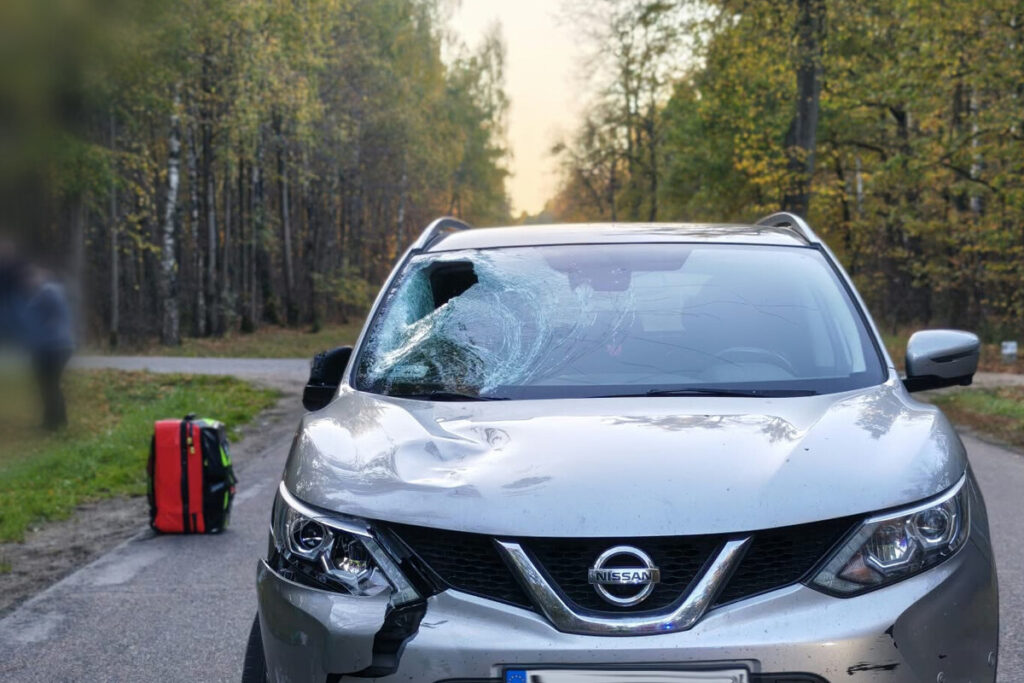 Srebrny samochód z rozbitą przednią szybą i uszkodzonym zderzakiem stoi przy leśnej drodze, obok leży czerwona torba.