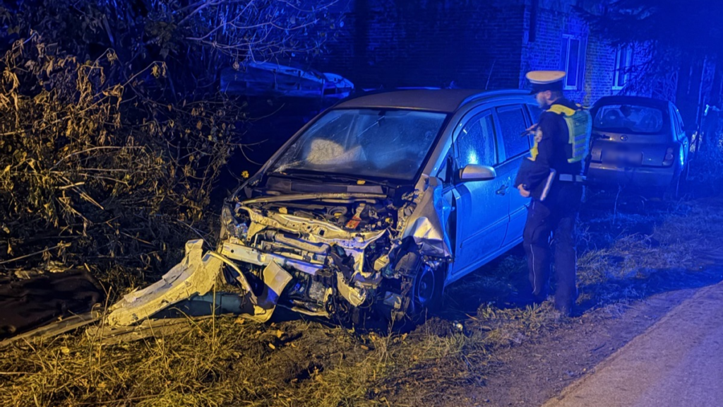 Uszkodzony samochód z rozbitym przodem stoi przy drodze, obok funkcjonariusz w kamizelce odblaskowej.