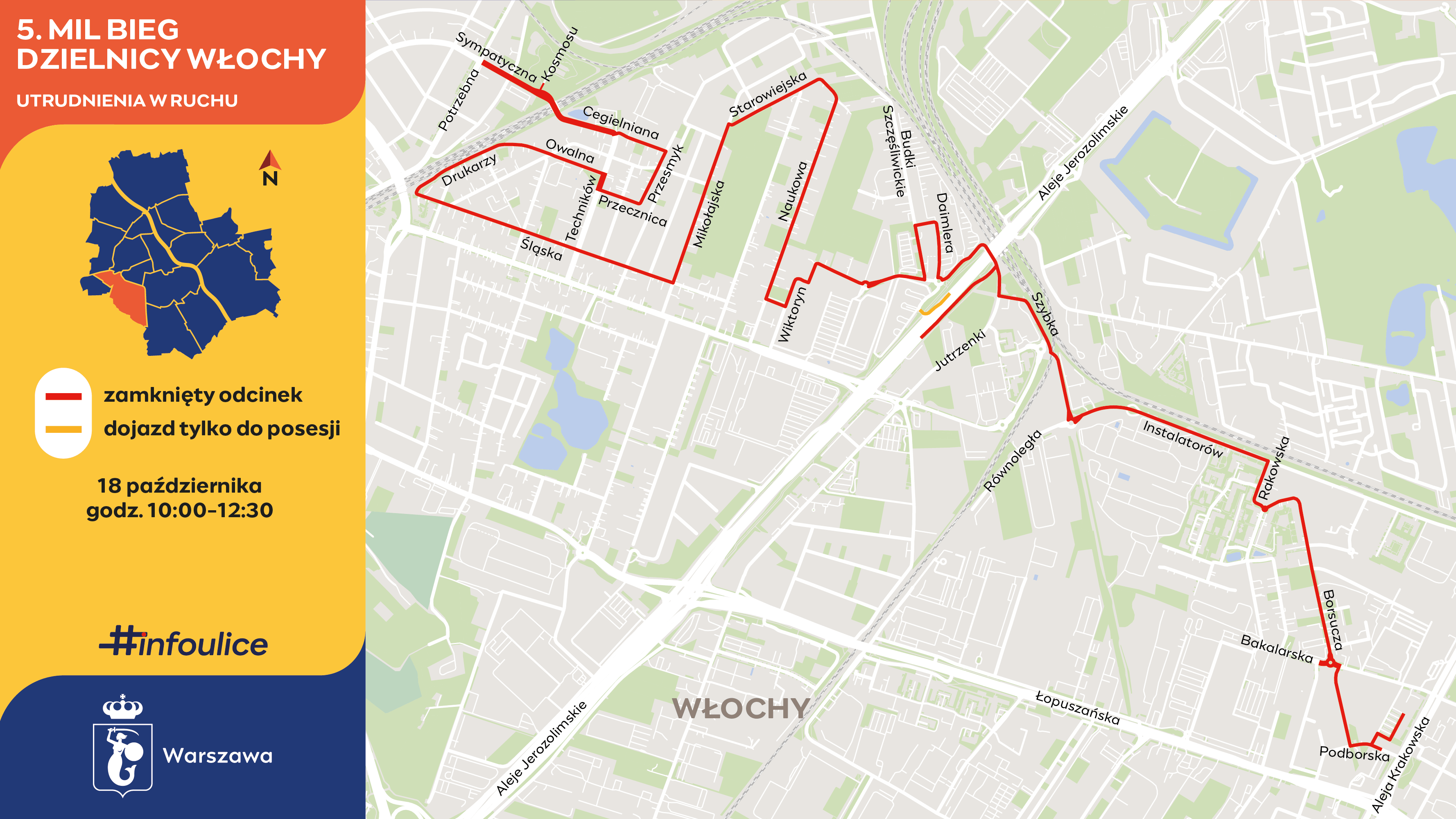 Mapa trasy 5. Mili Biegu Dzielnicy Włochy z zaznaczonym na czerwono odcinkiem zamkniętym dla ruchu samochodowego.