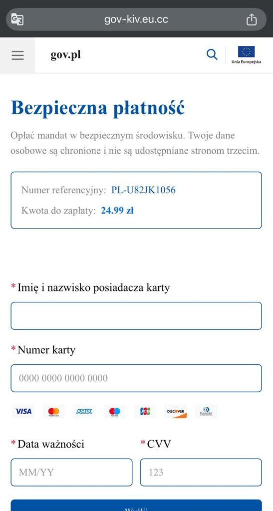 Ekran telefonu z formularzem płatności za mandat, zawierającym pola na dane karty i kwotę 24,99 zł.