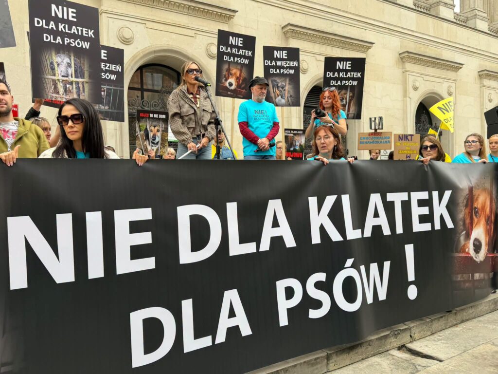 Uczestnicy protestu trzymają transparent „NIE DLA KLATEK DLA PSÓW!” przed budynkiem z łukowymi oknami.
