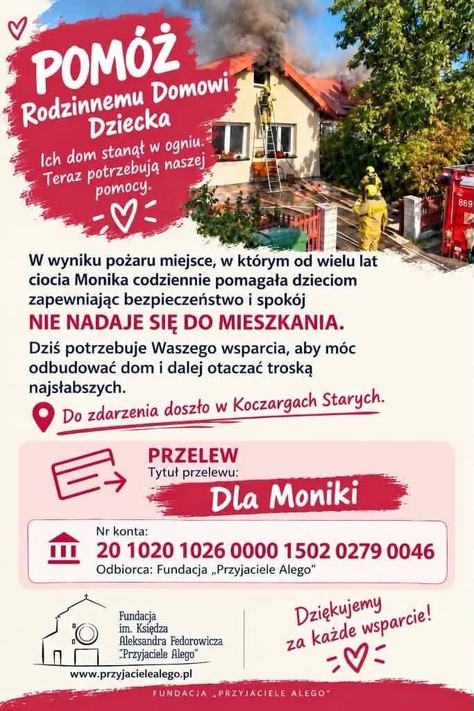 Płonący dom z dymem nad dachem i strażakami przy budynku; grafika apeluje: „Pomóż Rodzinnemu Domowi Dziecka”.