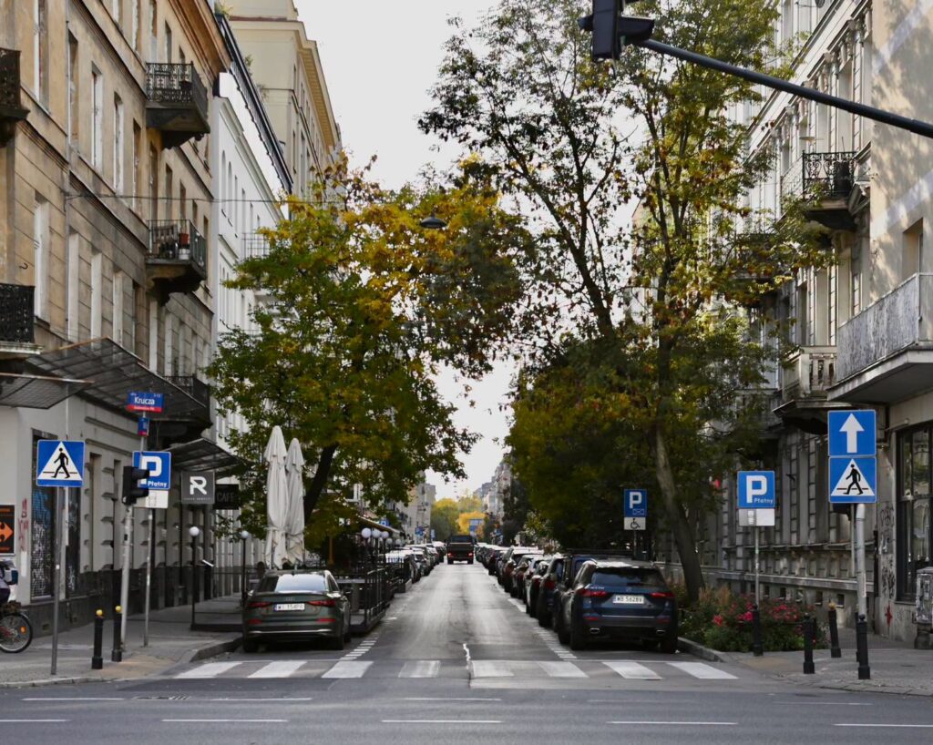 Wąska ulica z zaparkowanymi samochodami, drzewami i kamienicami po obu stronach, widziana z przejścia dla pieszych.
