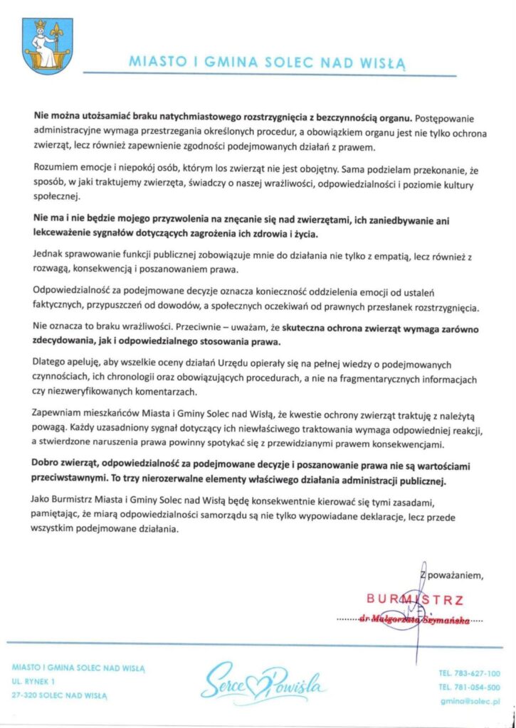 Pismo Urzędu Miasta i Gminy Solec nad Wisłą z odpowiedzią władz w sprawie ochrony zwierząt, podpisane przez burmistrza.