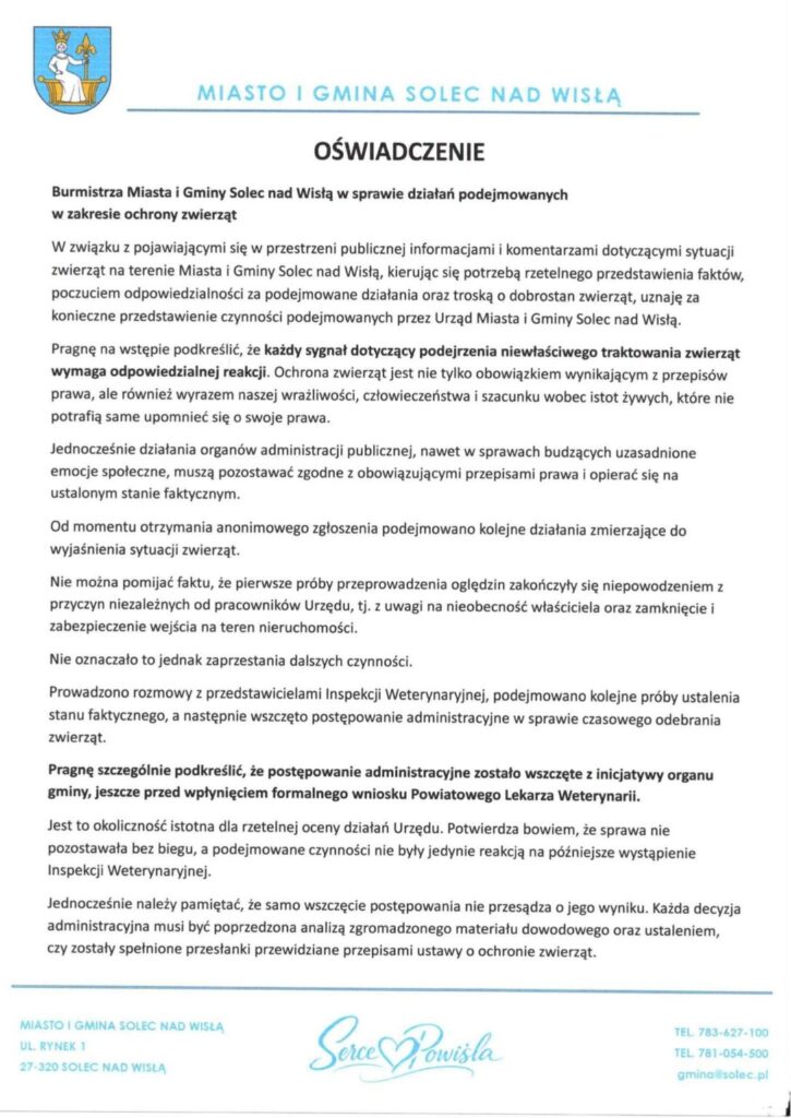 Oświadczenie burmistrza Miasta i Gminy Solec nad Wisłą w sprawie działań dotyczących ochrony zwierząt