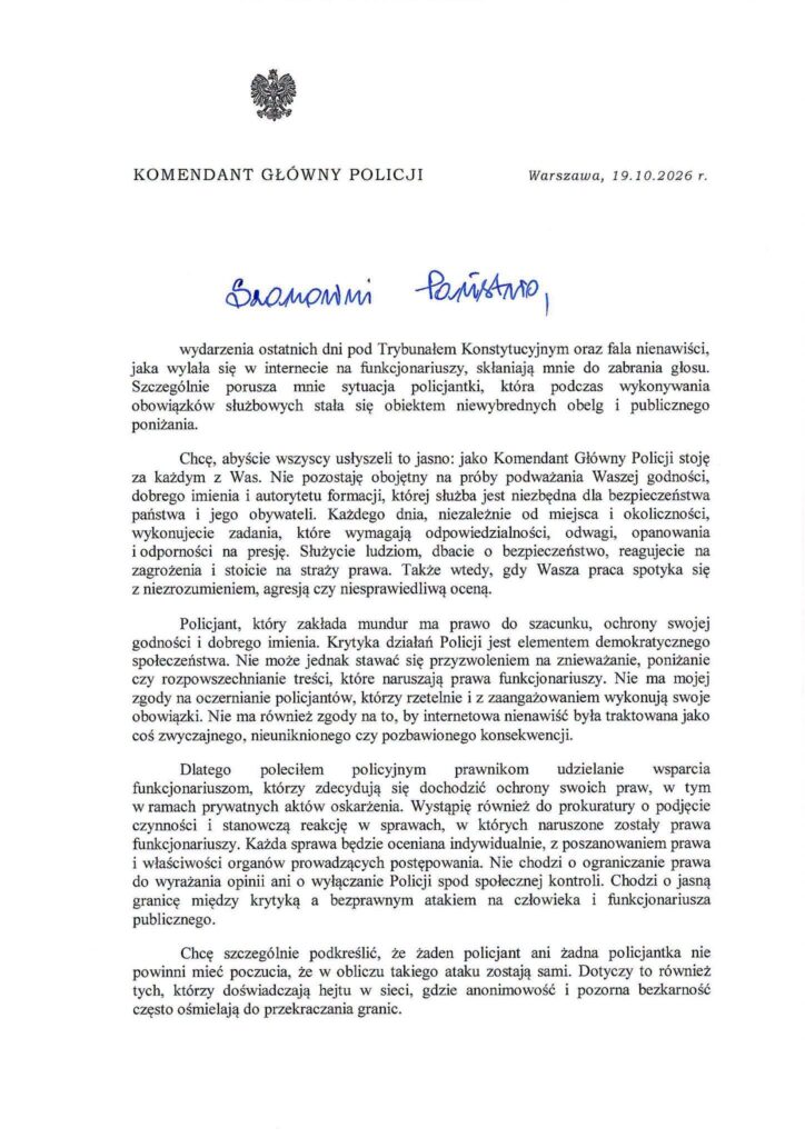 Pismo Komendanta Głównego Policji z datą „Warszawa, 19.10.2026 r.” i odręcznym zwrotem „Szanowni Państwo” u góry strony.