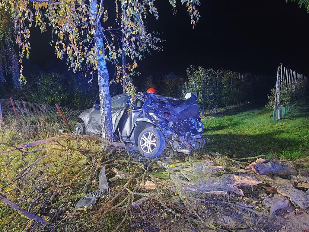 Rozbita maźda leży przy drzewie na poboczu, wśród powalonych gałęzi i uszkodzonego ogrodzenia, nocą.
