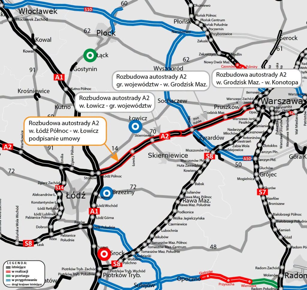 Mapa regionu łódzkiego z zaznaczonymi odcinkami planowanej rozbudowy autostrady A2 między Łodzią a Warszawą.