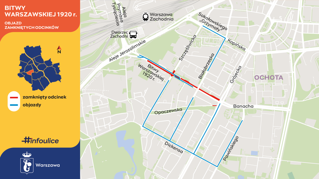 Mapa Ochoty z czerwonym zamkniętym odcinkiem ulicy Szczęśliwickiej i niebieskimi objazdami.