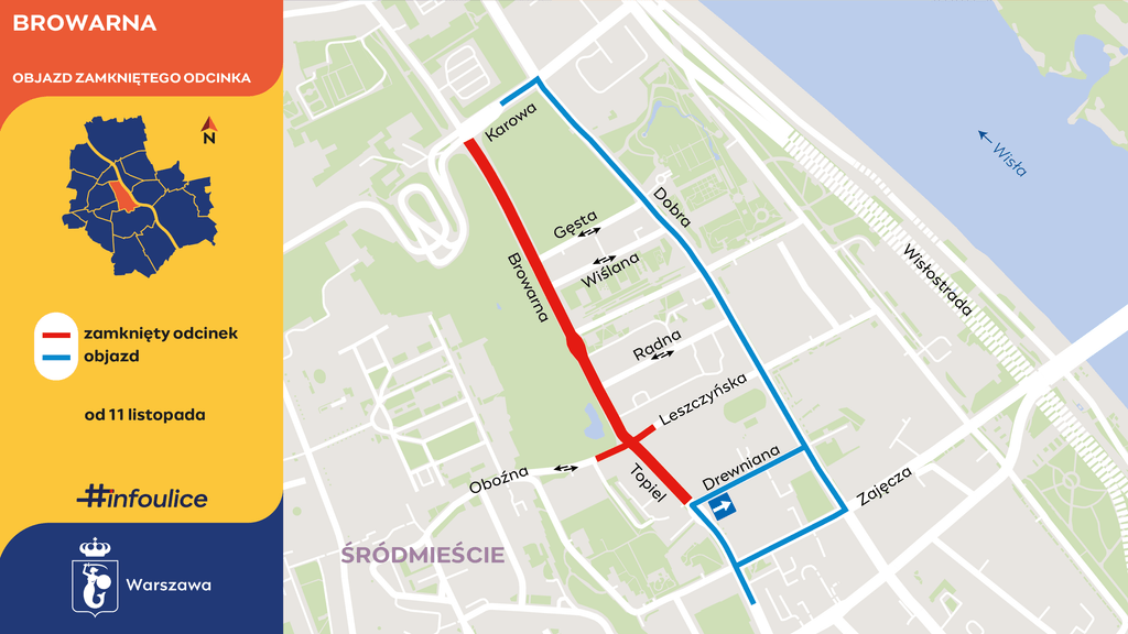 Mapa z zaznaczonym na czerwono zamkniętym odcinkiem ulicy Browarnej oraz niebieską trasą objazdu w Warszawie.