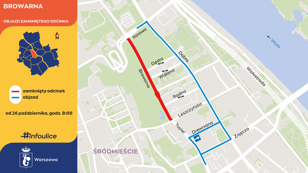 Mapa z czerwonym zamkniętym odcinkiem ulicy Browarnej i niebieskim objazdem na warszawskim Powiślu.
