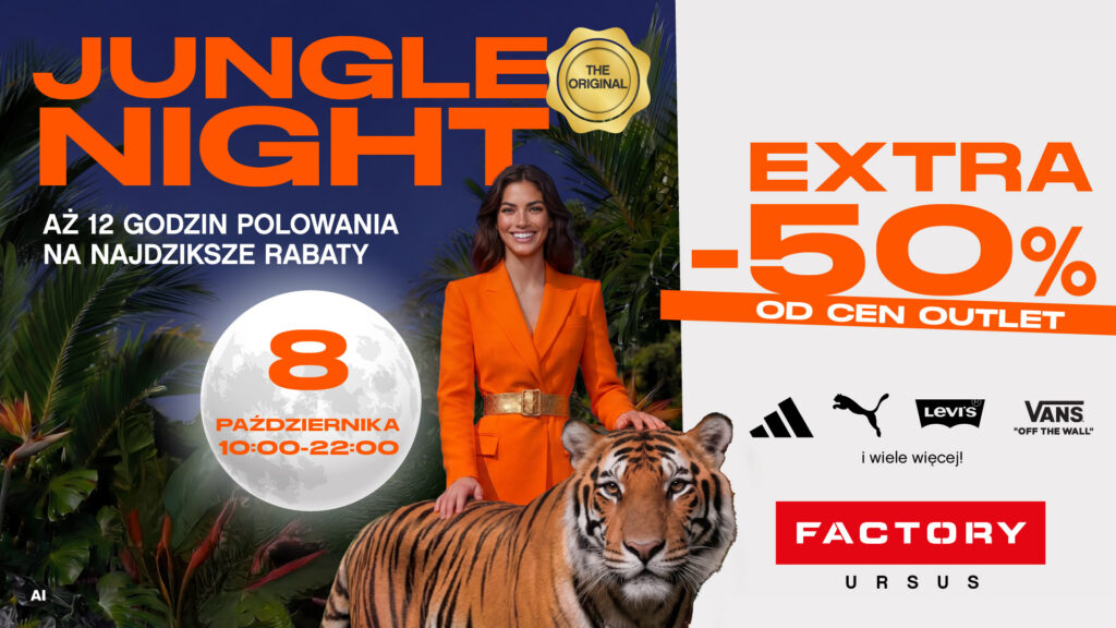 Plakat wydarzenia „Jungle Night” w Factory Ursus: kobieta w pomarańczowym garniturze siedzi obok tygrysa.