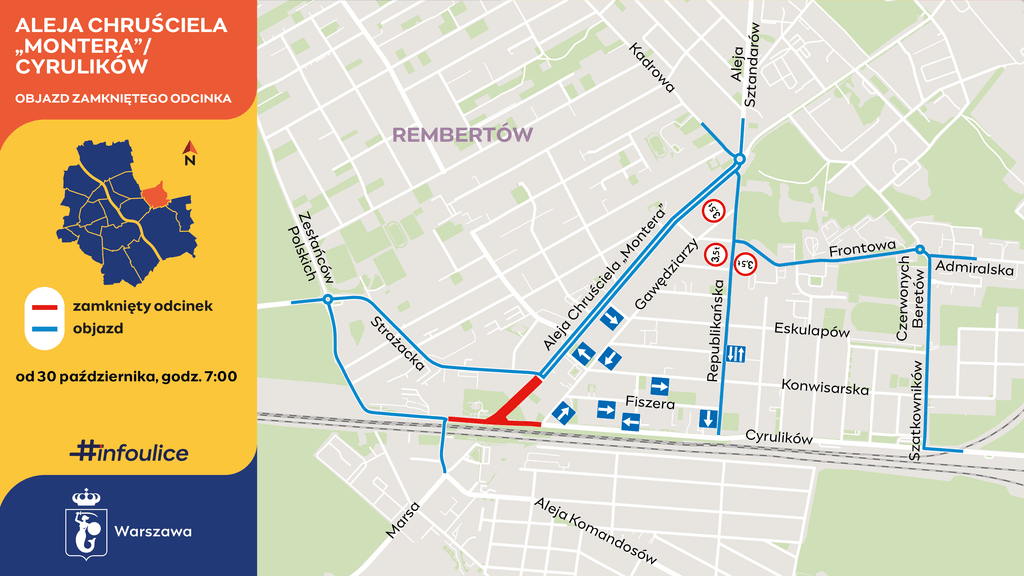 Mapa Rembertowa z zaznaczonym objazdem i zamkniętym odcinkiem alei Chruściela „Montera” / Cyrulików.