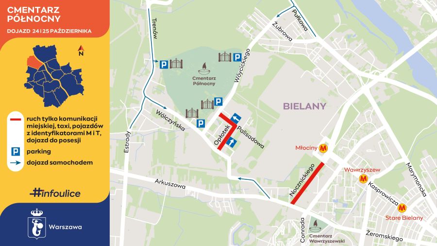 Mapa dojazdu do Cmentarza Północnego z zaznaczonymi parkingami, zamkniętymi ulicami i trasami dojazdu.