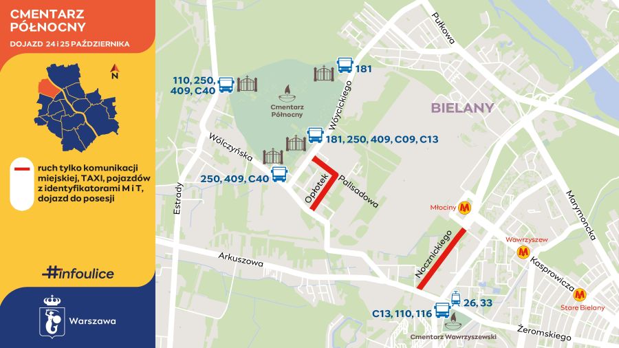 Mapa dojazdu do Cmentarza Północnego z zaznaczonymi liniami autobusowymi i zamkniętymi ulicami.