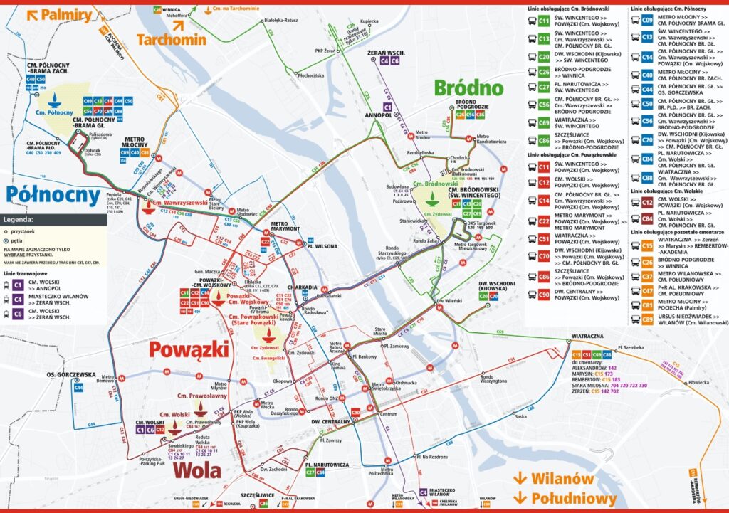 Mapa warszawskich linii autobusowych z trasami do cmentarzy w okresie Wszystkich Świętych.