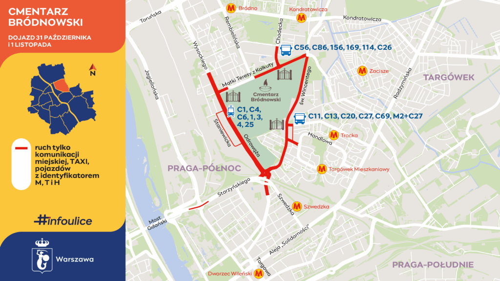 Mapa warszawskiego cmentarza Bródnowskiego z zaznaczonymi trasami dojazdu komunikacją miejską podczas Wszystkich Świętych.
