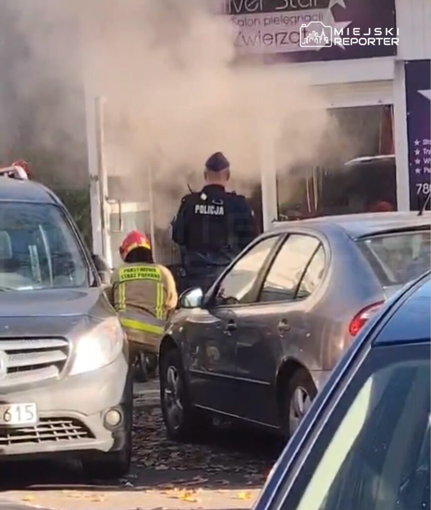 Policjant i strażak stoją przed lokalem, z którego wydobywa się gęsty dym, między zaparkowanymi samochodami.