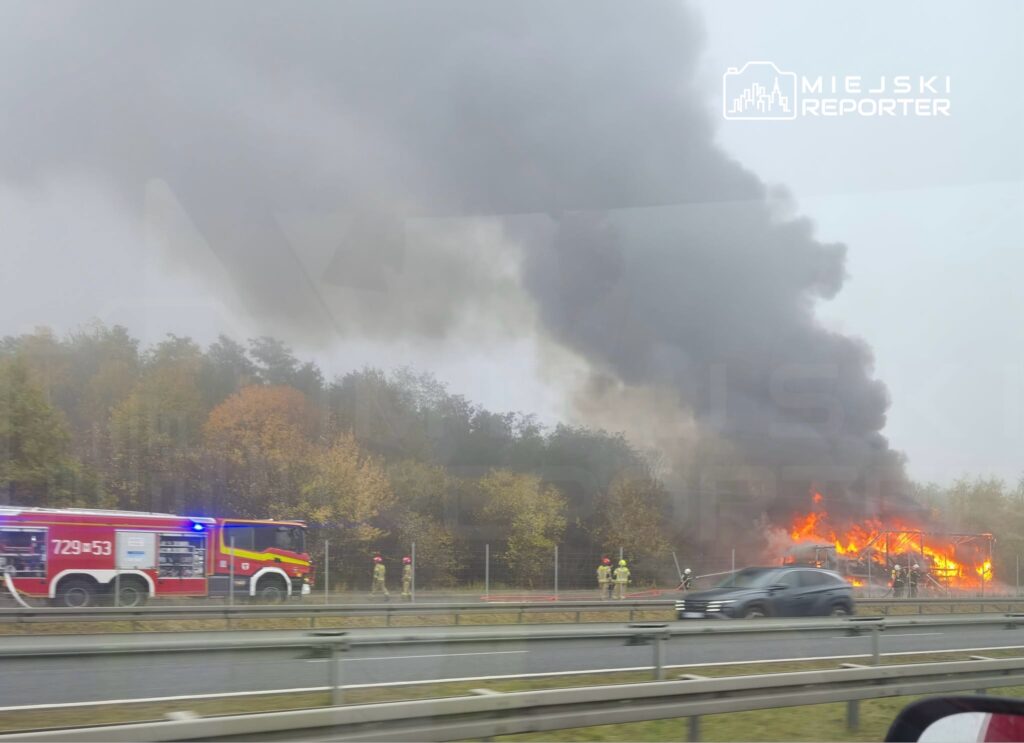 Płonący obiekt przy drodze, nad którym unosi się gęsty czarny dym; obok stoją wóz strażacki i strażacy.