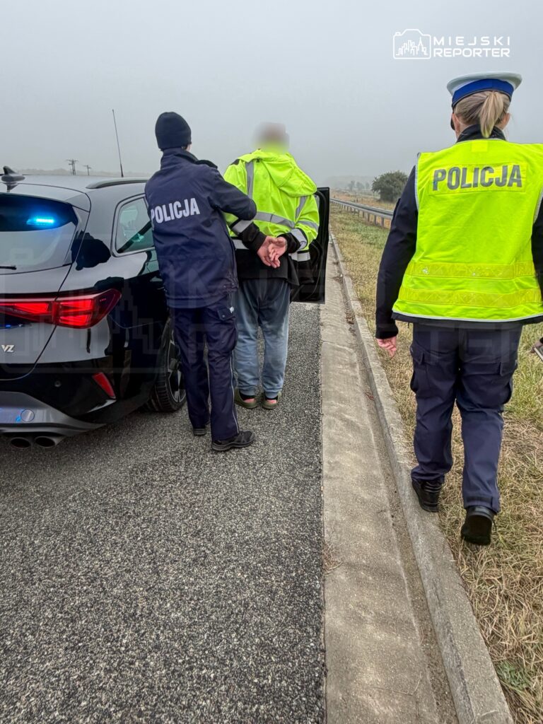 Policjant prowadzi zatrzymaną osobę w kamizelce odblaskowej do radiowozu na poboczu drogi, obok stoi policjantka.