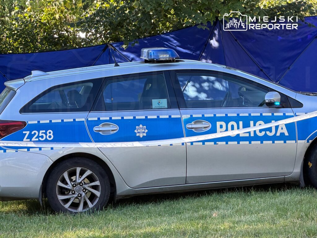Srebrno-niebieski radiowóz z napisem „POLICJA” stoi na trawie przy niebieskim ogrodzeniu.