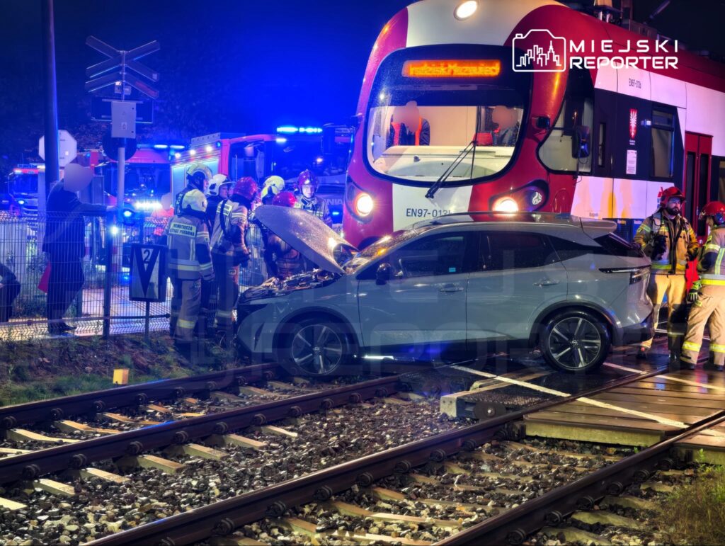 Samochód osobowy z uszkodzonym przodem na torach przed pociągiem; obok pracują strażacy i służby ratunkowe.