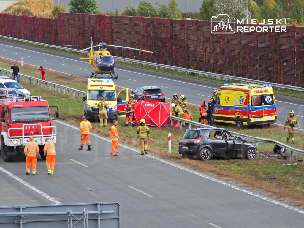 Służby ratunkowe pracują przy rozbitym samochodzie na poboczu drogi, obok stoją karetki, wóz strażacki i helikopter.