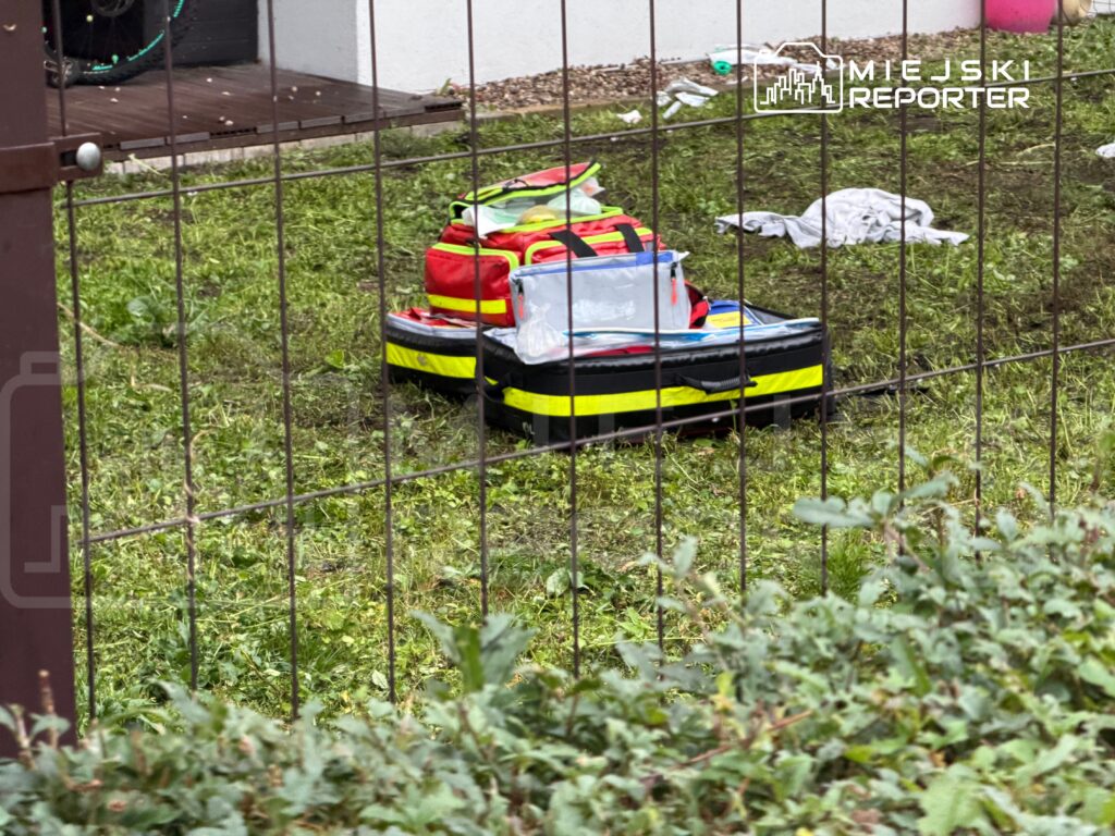 Nosze ratownicze z czerwonymi torbami leżą na trawie za metalowym ogrodzeniem.