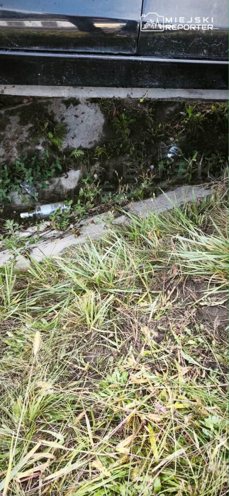 Plastikowe butelki leżą w zaroślach przy betonowym murze, obok zaparkowanego czarnego samochodu.