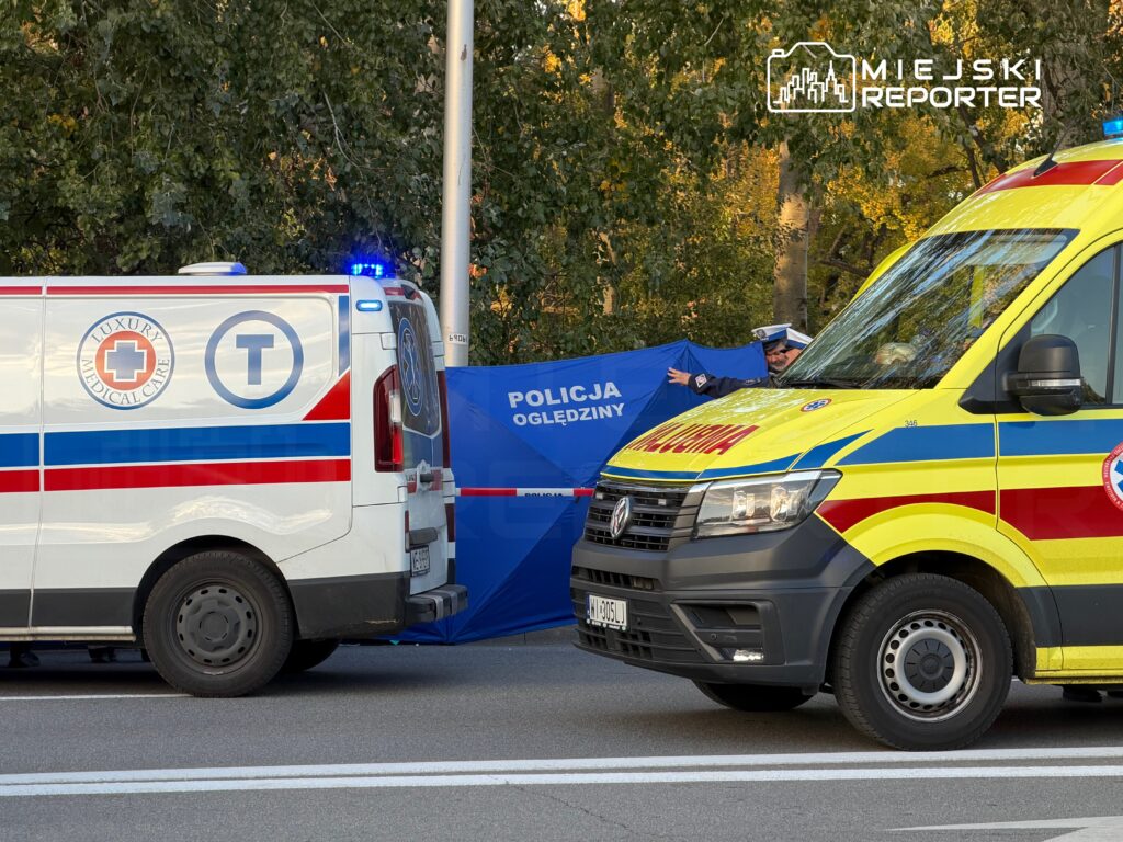 Karetka i żółty ambulans stoją przy niebieskim parawanie z napisem „POLICJA OGLĘDZINY”, wśród drzew.