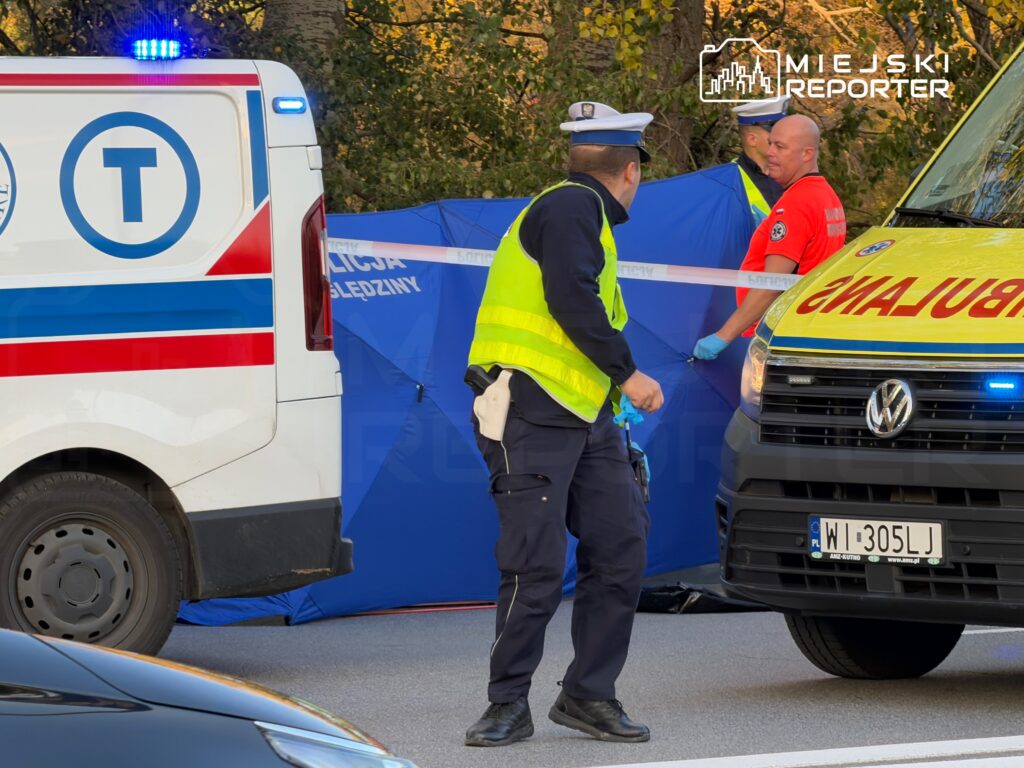 Ratownicy i policjant w kamizelce odblaskowej stoją przy niebieskim parawanie między karetkami pogotowia