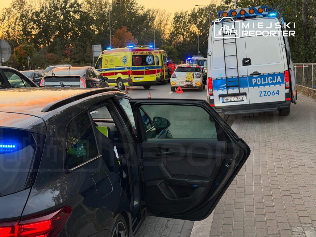 Radiowóz i karetka z włączonymi sygnałami świetlnymi stoją na ulicy obok samochodów z otwartymi drzwiami.